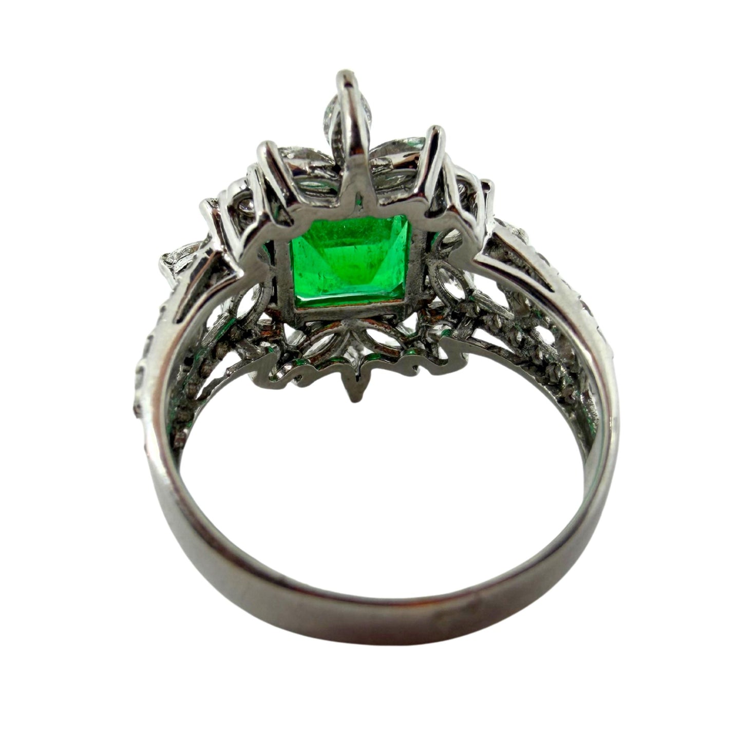 18K White Gold 2.17 carat Emerald and Marquise Cut Diamond Ring - Size 6.5