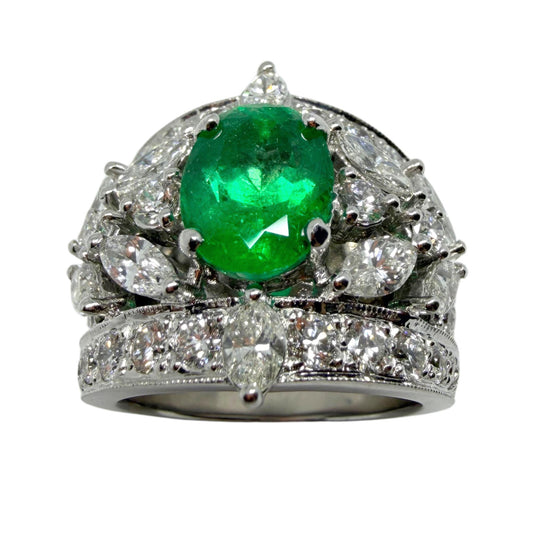 18K White Gold 2.95 Carat Oval Emerald and Marquise Cut Diamond Wide Band Ring