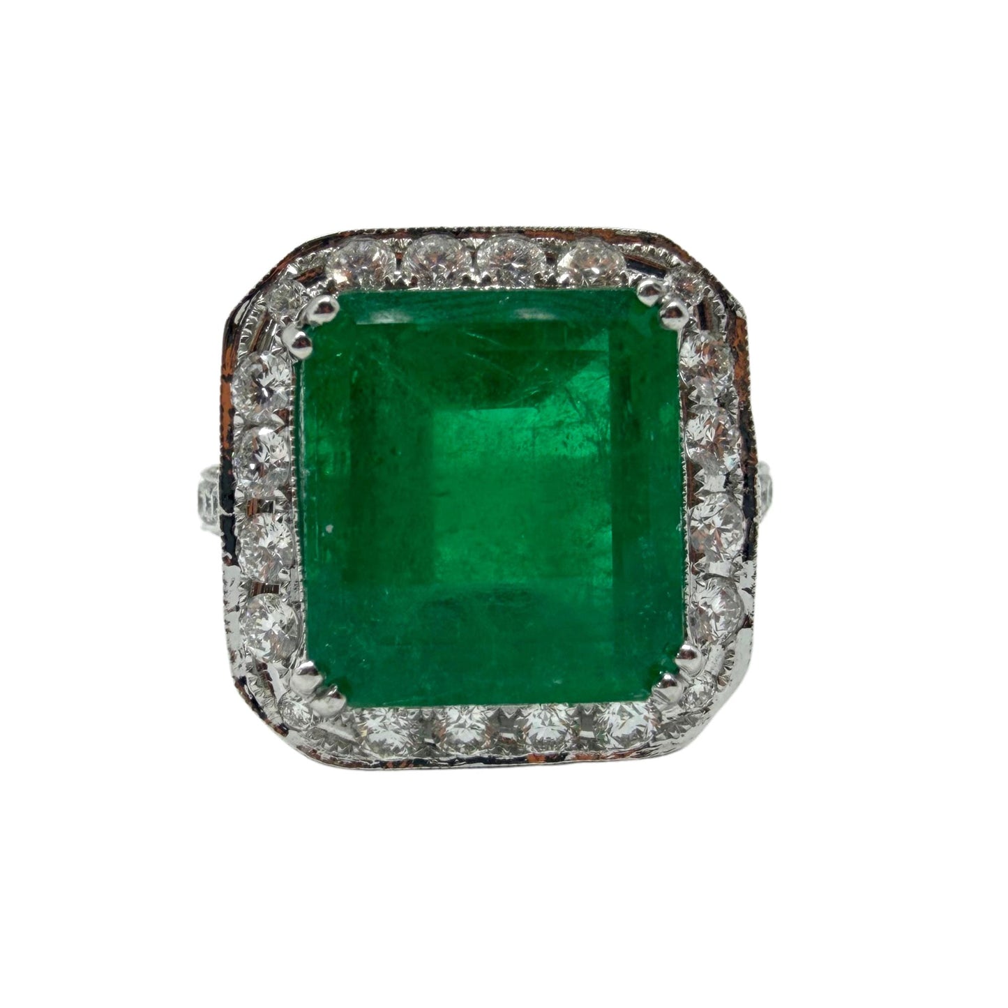 18K White Gold 6.58 Carat Emerald Cut Emerald and Diamond Ring -Size 7