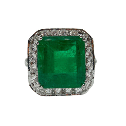 18K White Gold 6.58 Carat Emerald Cut Emerald and Diamond Ring -Size 7