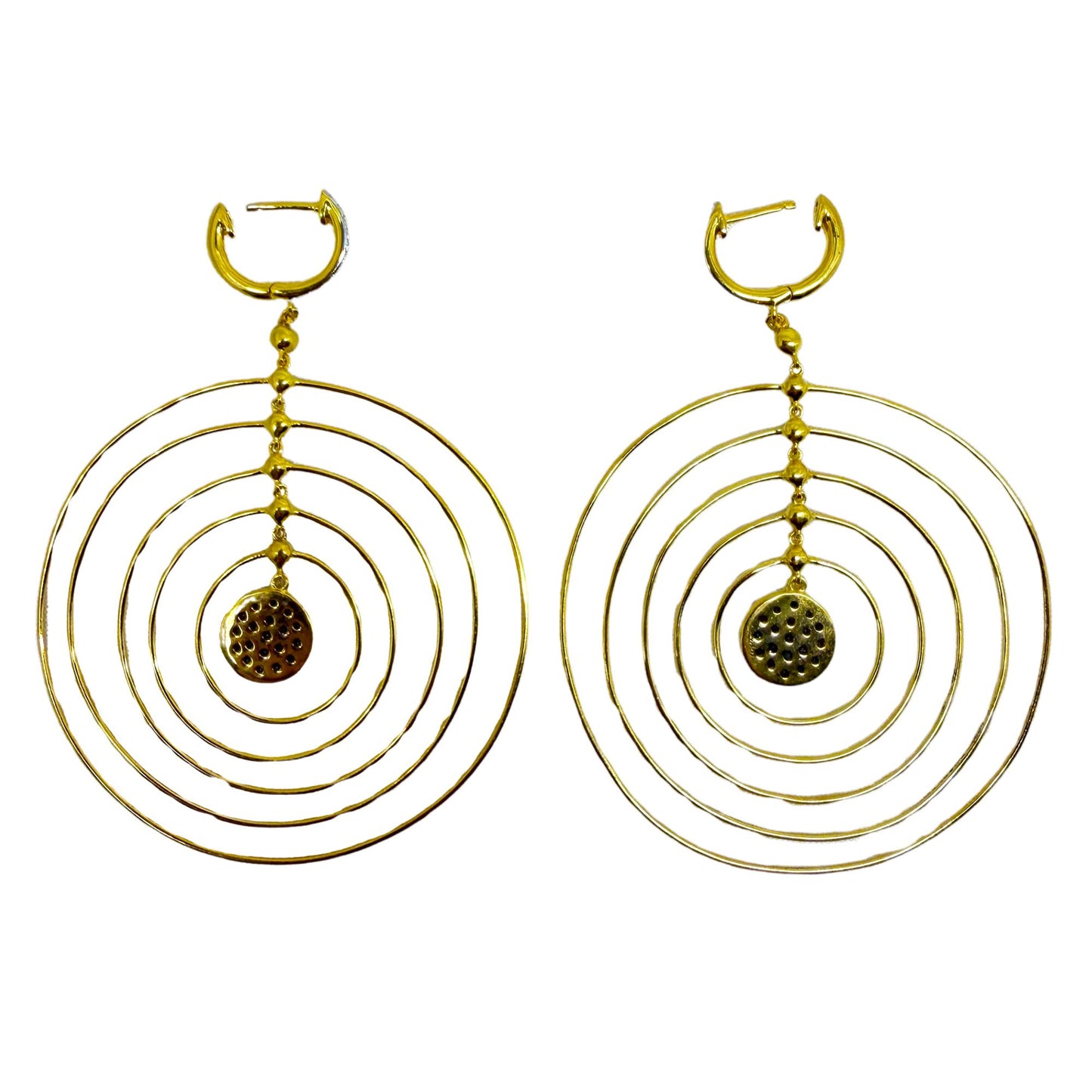 18K Yellow Gold White & Brown Diamond Concentric Circle Drop Earrings
