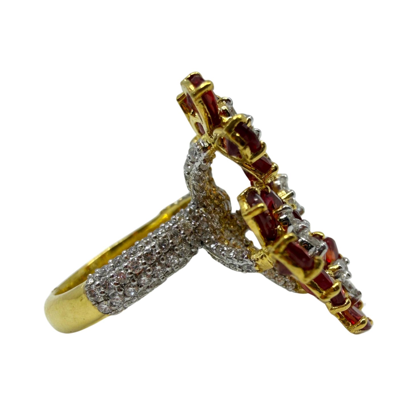 18K Yellow Gold 5.17 Carat Pear Cut Ruby and Diamond Flower Cocktail Ring