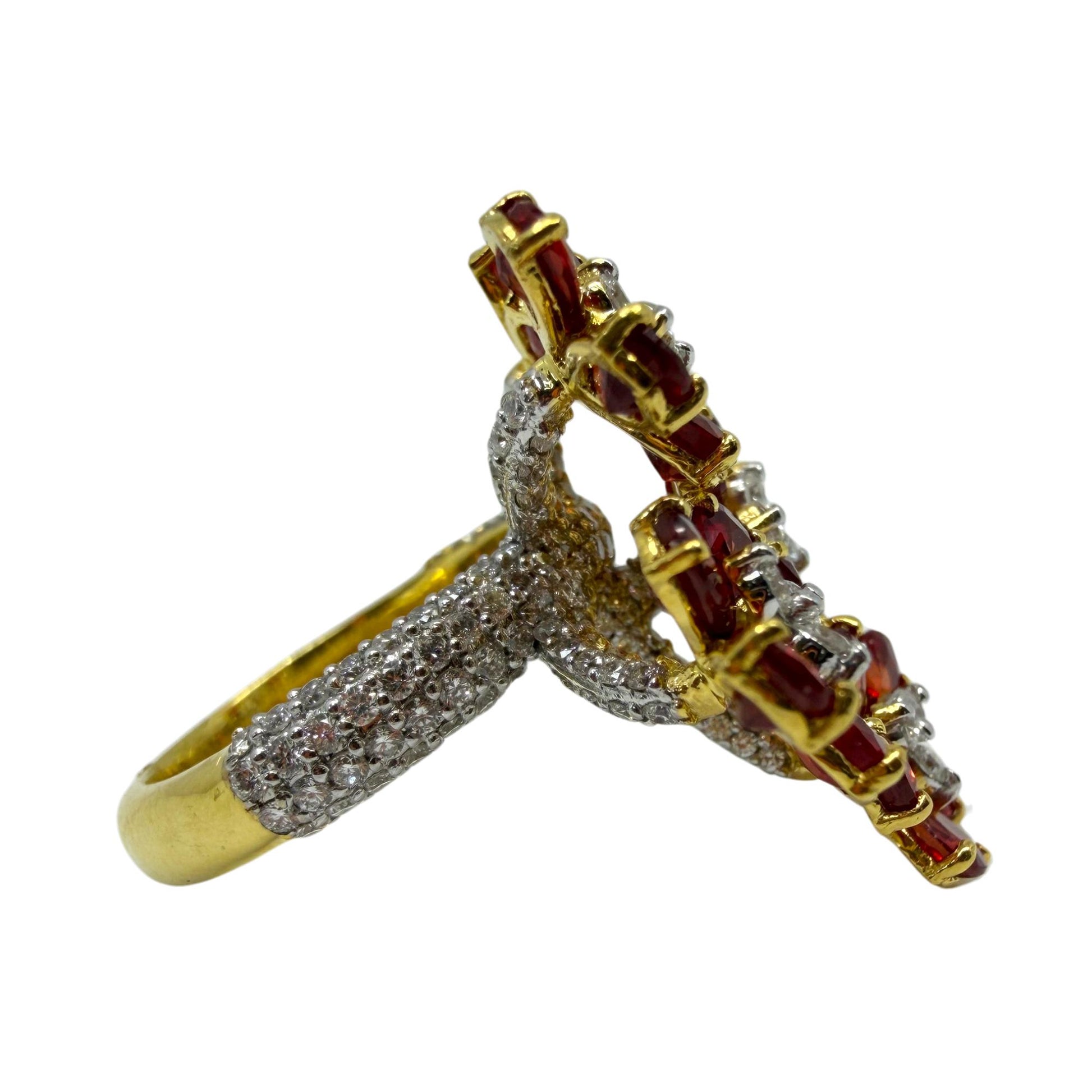 18K Yellow Gold 5.17 Carat Pear Cut Ruby and Diamond Flower Cocktail Ring