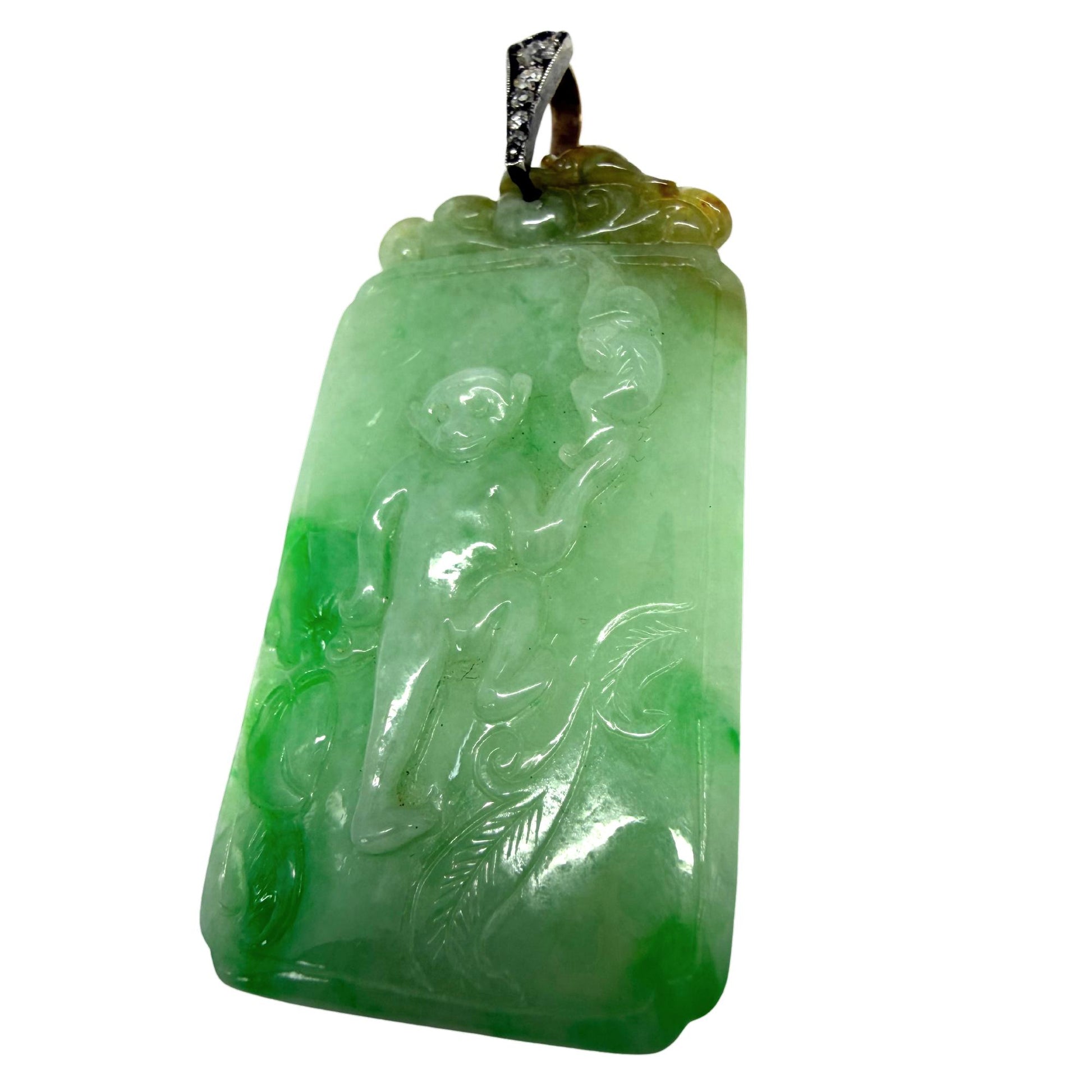Estate 18K and Silver Carved Burma No Dye Jade and Diamond Pendant w/GIA