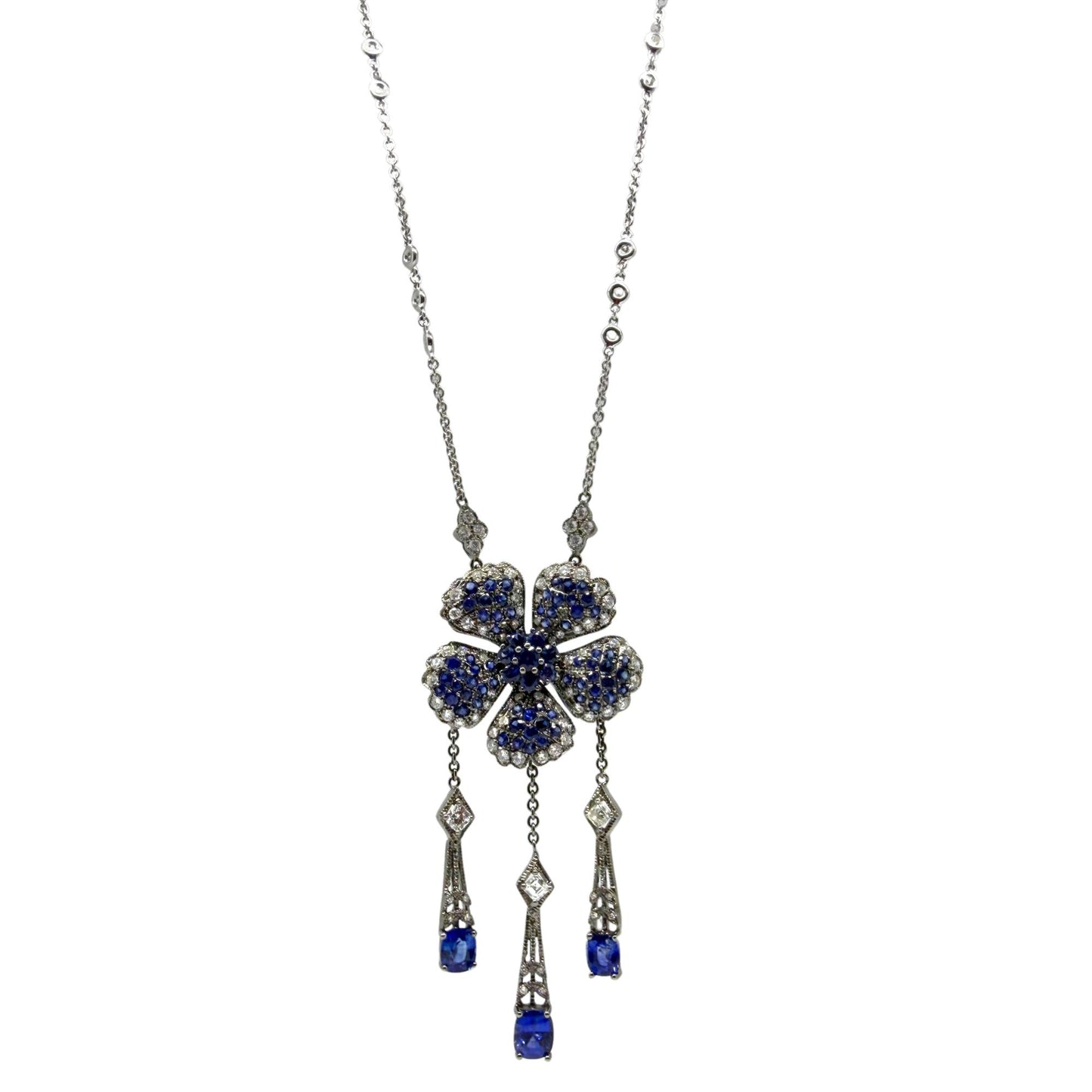 Vintage Inspired 18K Diamond and 6.67 Carat Sapphire Flower Drop Necklace