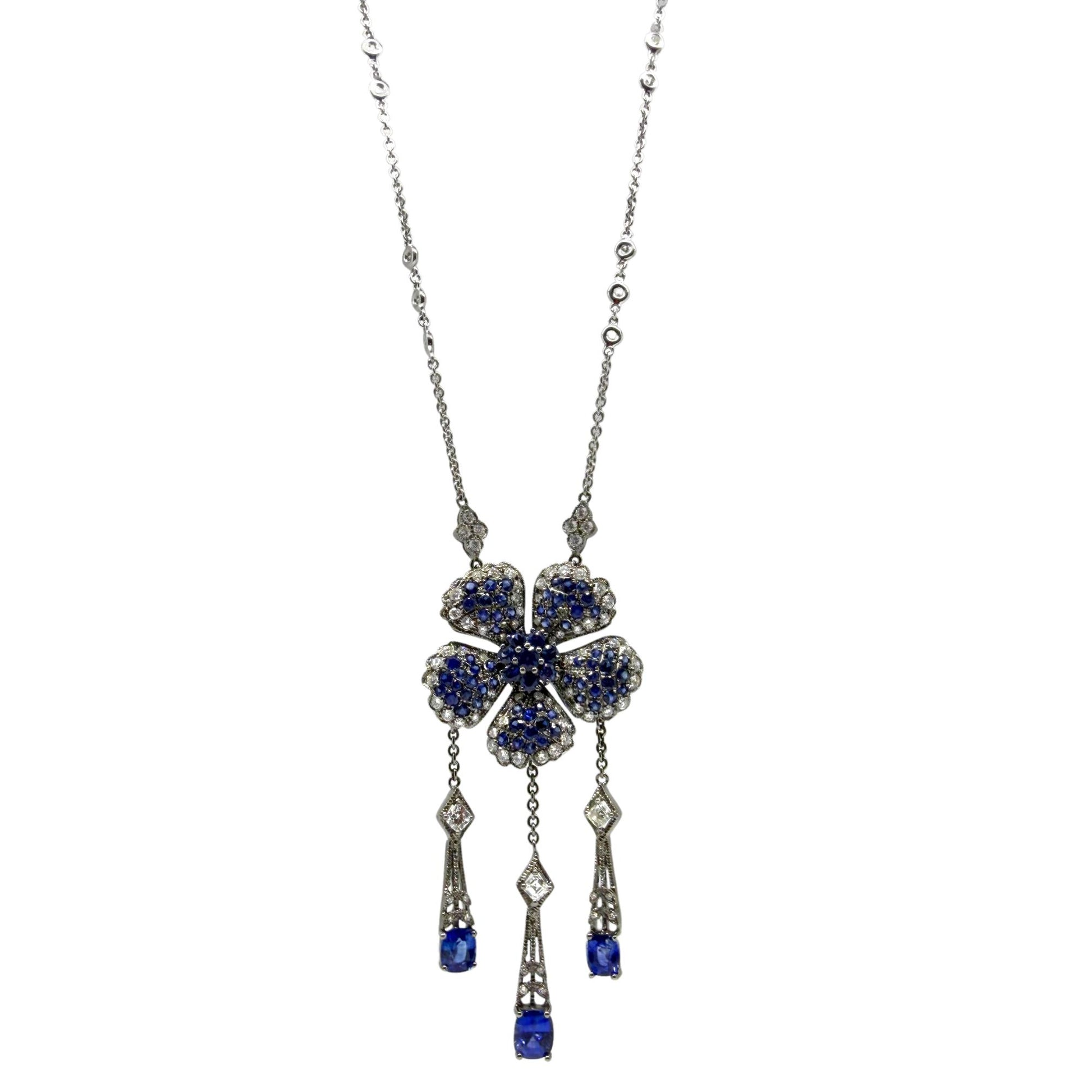 Vintage Inspired 18K Diamond and 6.67 Carat Sapphire Flower Drop Necklace