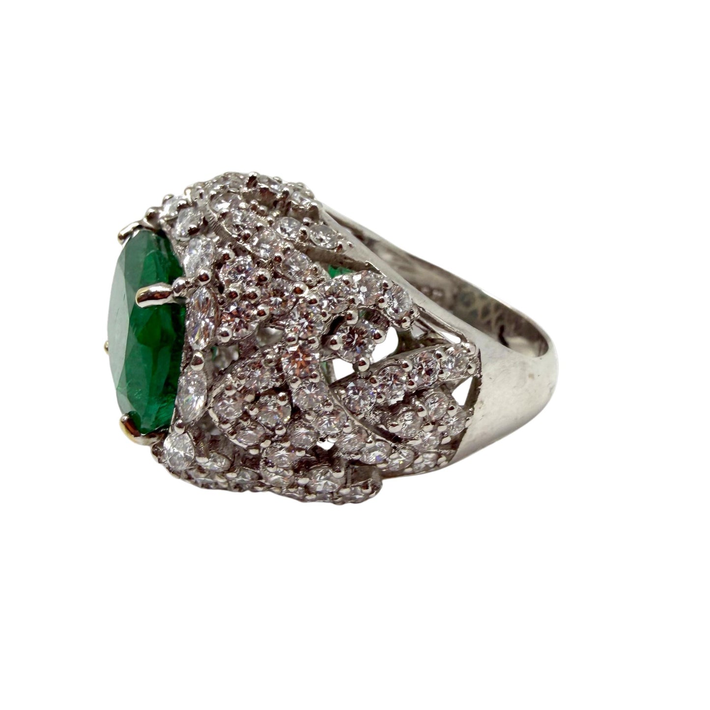 18K White Gold 6.32 Carat Emerald and Diamond Cocktail Ring - Size 7
