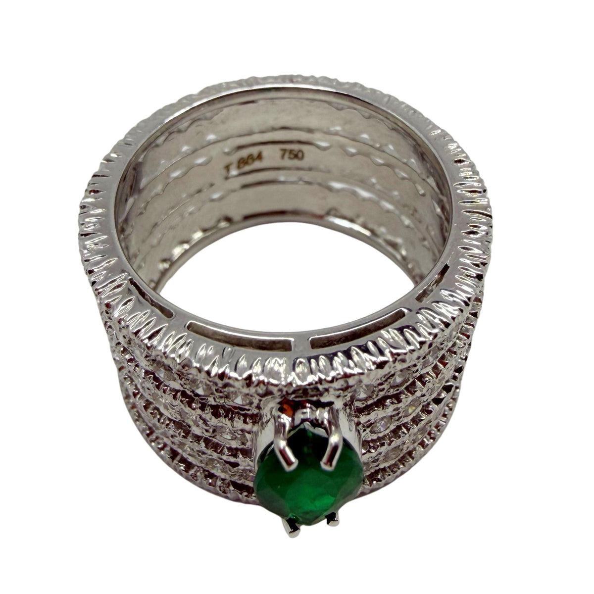 18K White Gold Pear Cut Emerald and Diamond Wide Band Ring - Size 6.25