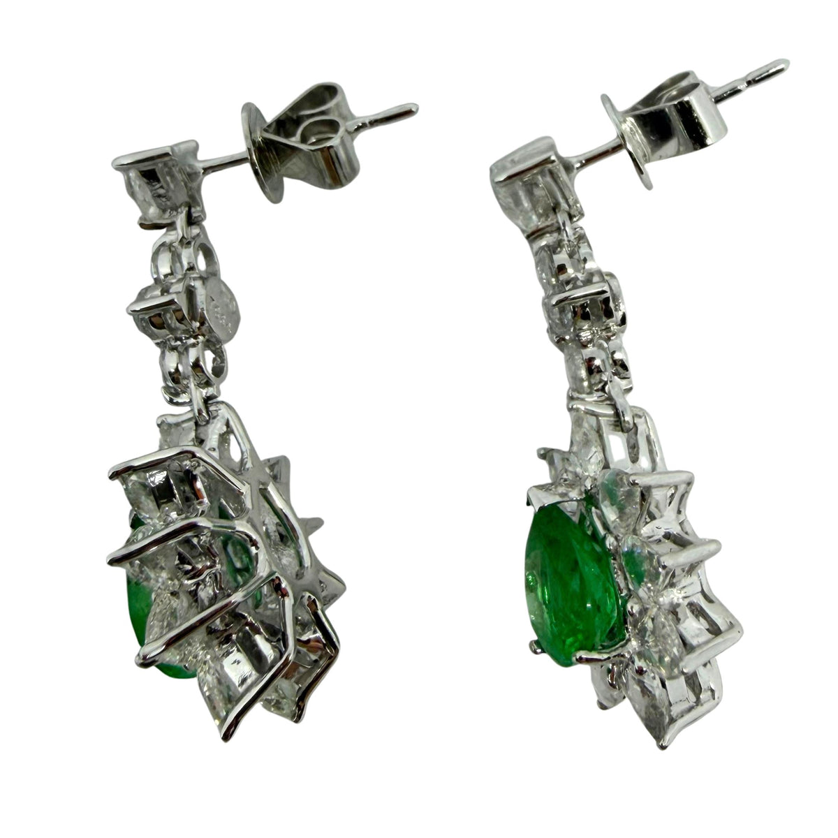 18K White Gold 2.22 Carat Emerald and Rose Cut Diamond Earrings