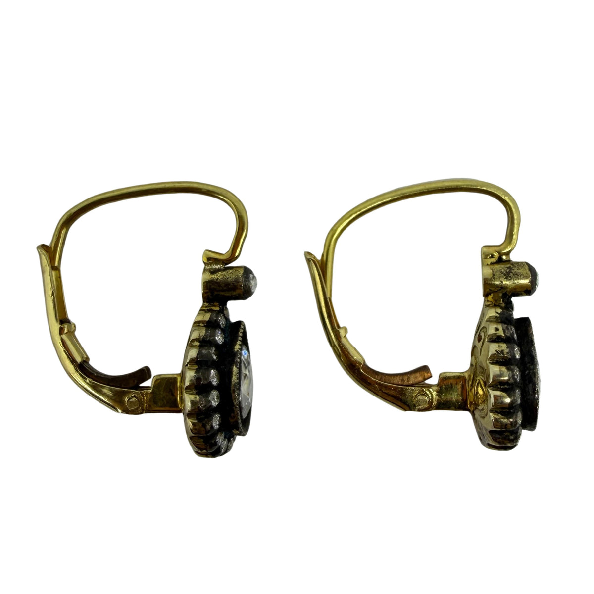 18K Yellow Gold and Silver Top .77 Carat Rose Cut Diamond Drop Earrings