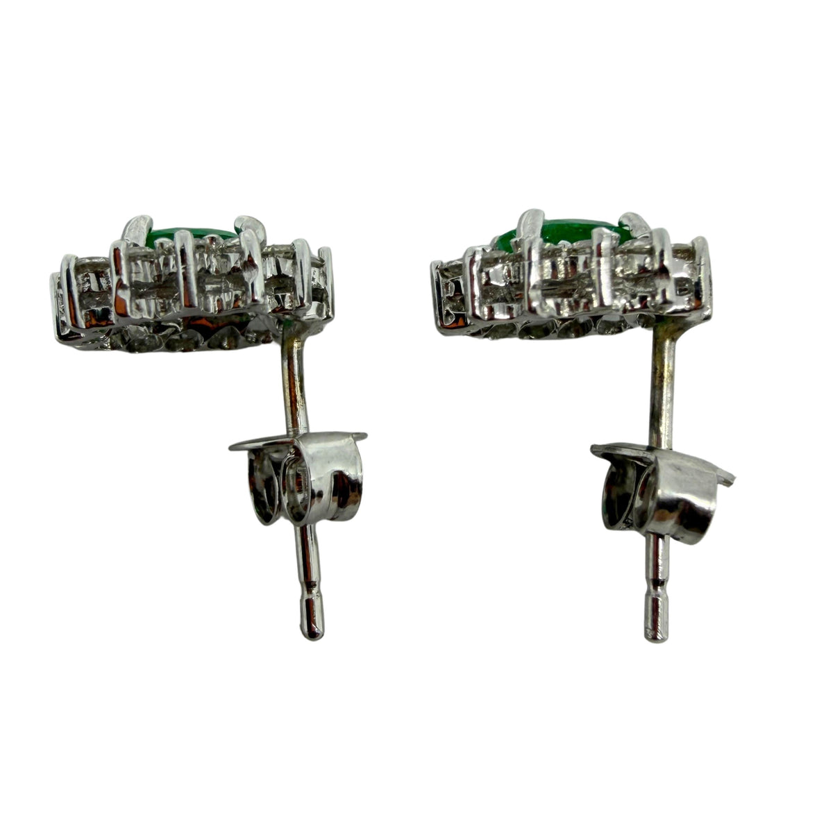 18k White Gold .56 Carat Oval Cut Emerald and Diamond Stud Earrings