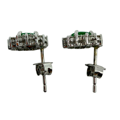 18k White Gold .56 Carat Oval Cut Emerald and Diamond Stud Earrings
