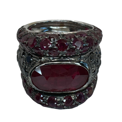 18K White Gold Black Diamond, African Ruby and Ruby Wide Band Ring - Size 7.50