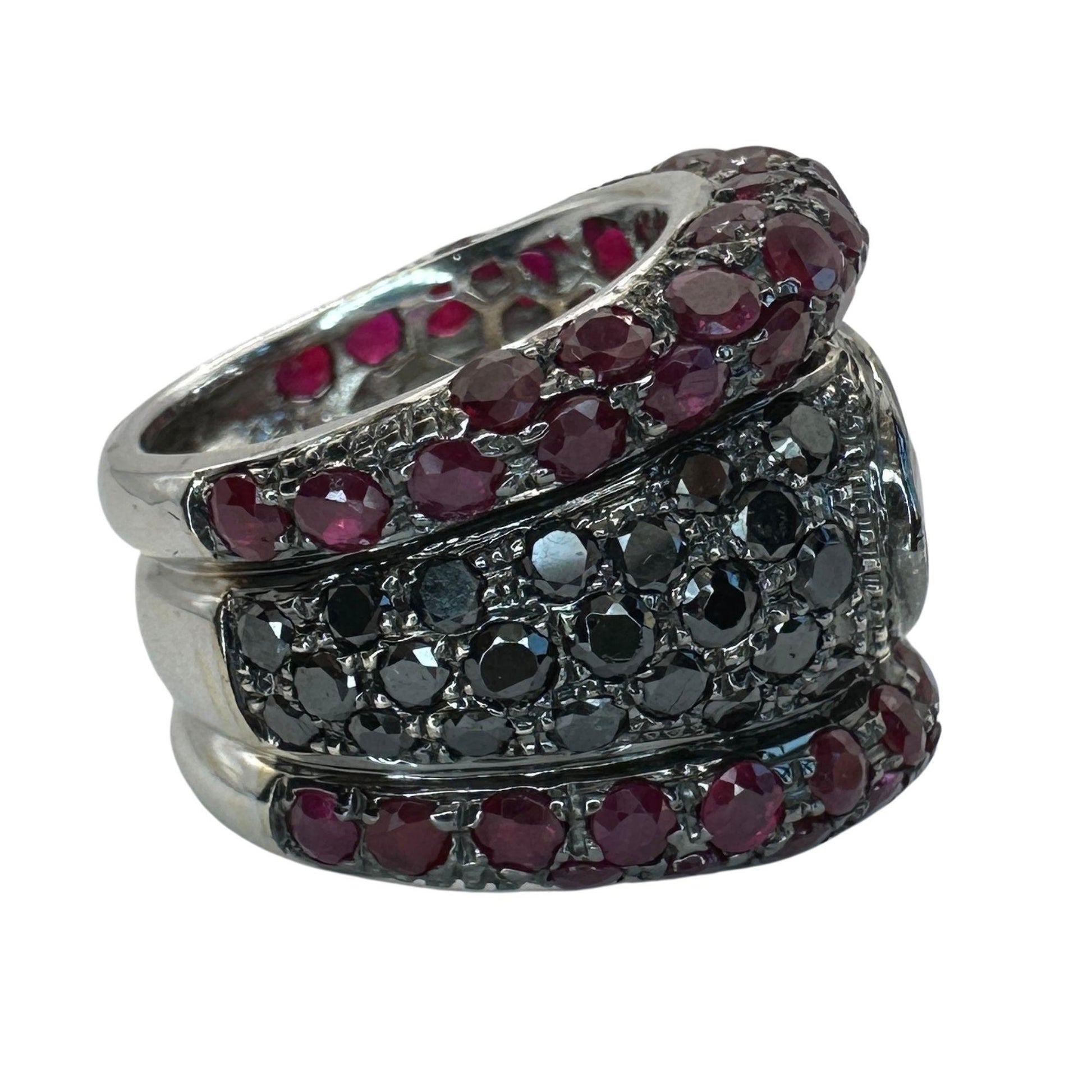 18K White Gold Black Diamond, African Ruby and Ruby Wide Band Ring - Size 7.50