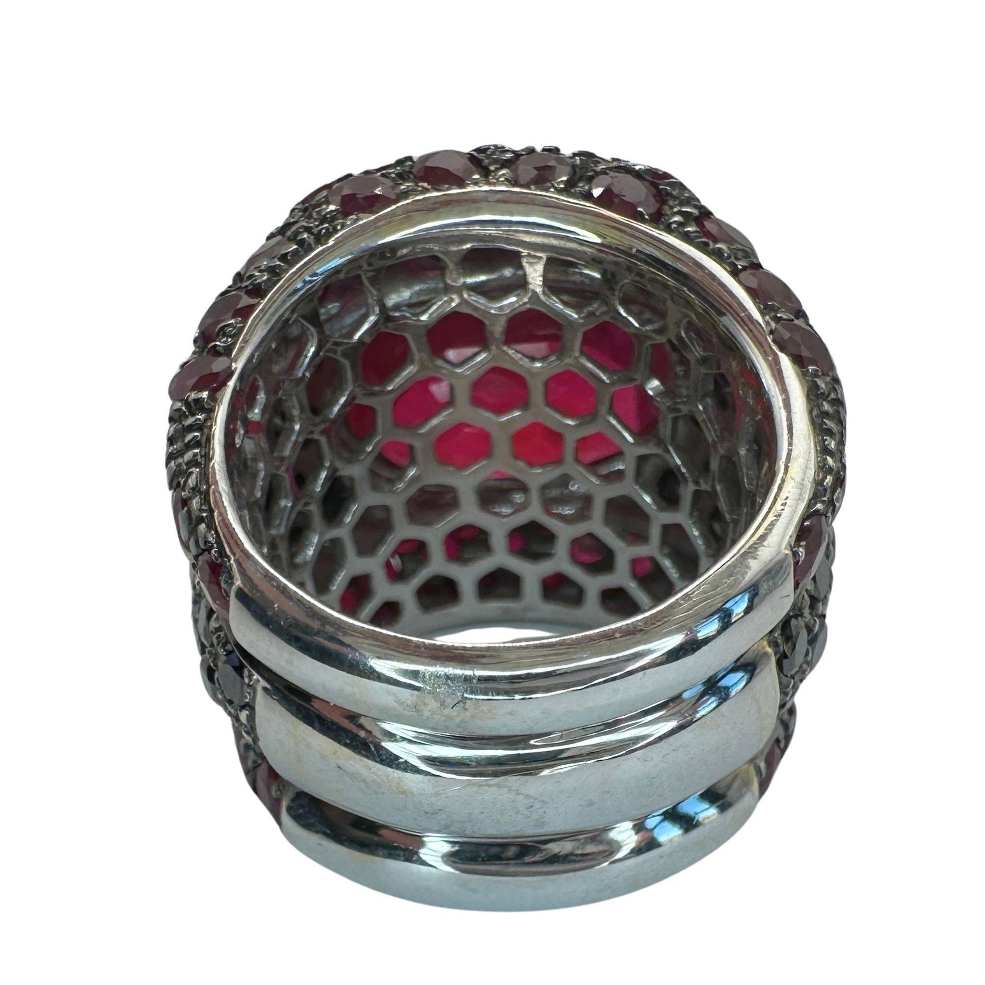 18K White Gold Black Diamond, African Ruby and Ruby Wide Band Ring - Size 7.50