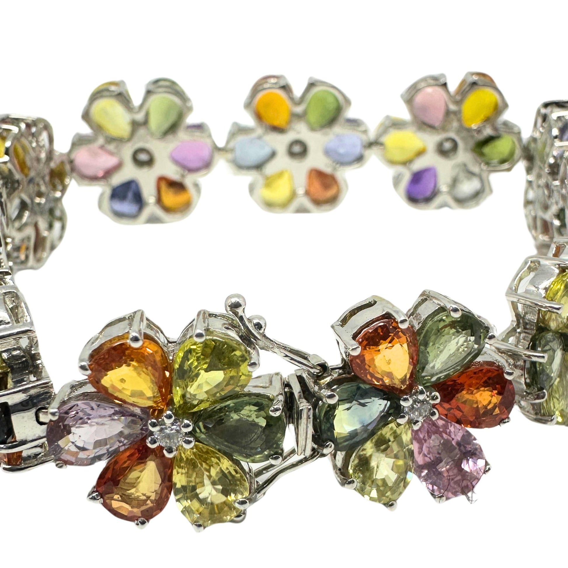 18k Modern Pear Cut Multicolor Sapphire and Diamond Flower Bracelet