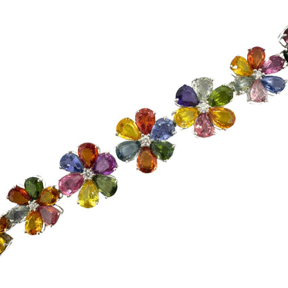 18k Modern Pear Cut Multicolor Sapphire and Diamond Flower Bracelet