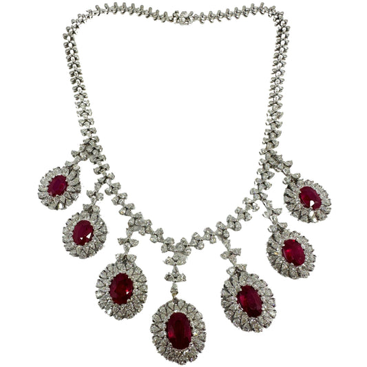 18K White Gold Pear Cut Diamond and African Ruby Necklace