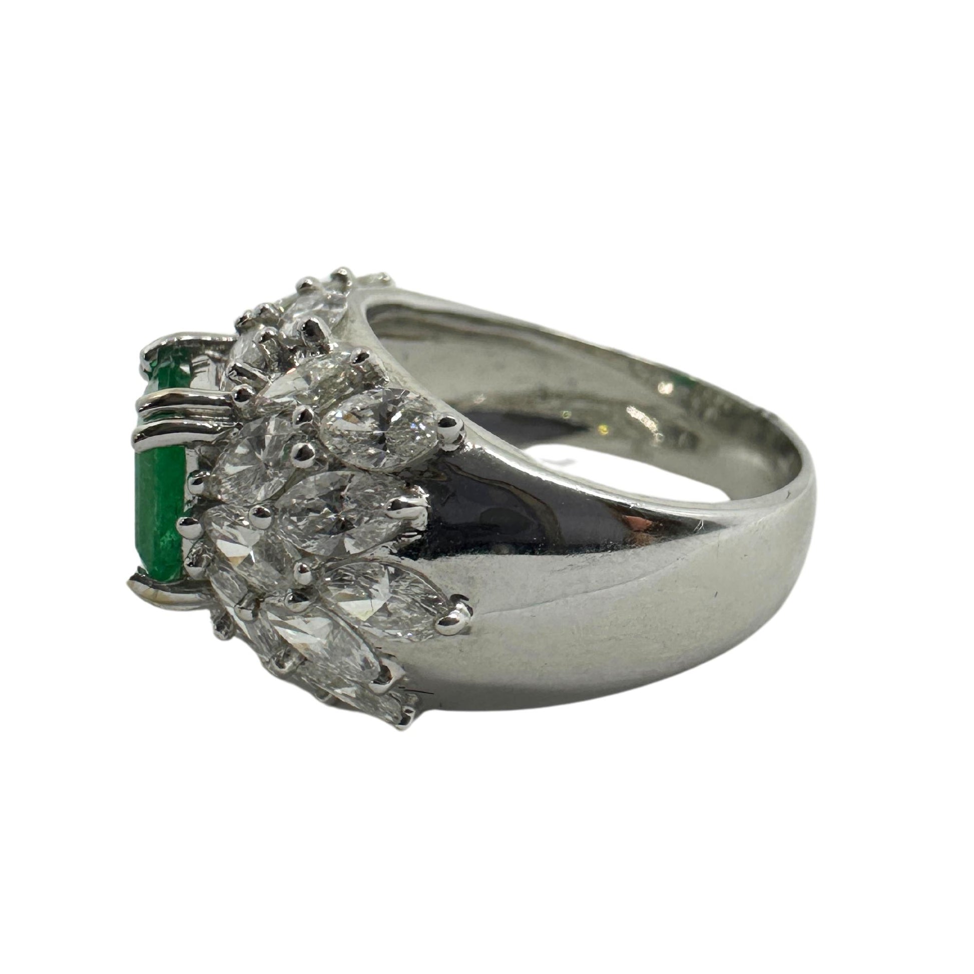 18k White Gold Marquise Cut Diamond and Emerald Ring