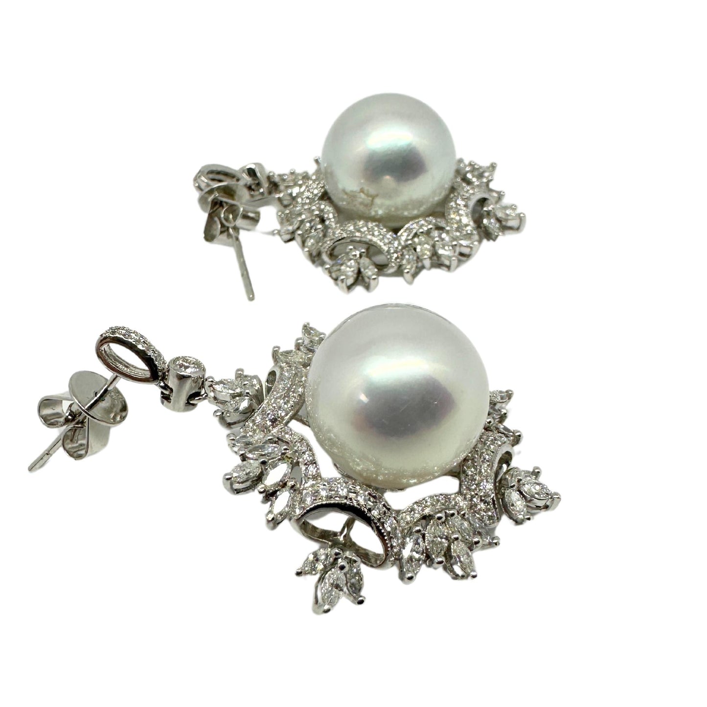 18K White Gold Diamond and Pearl Snowflake Earrings