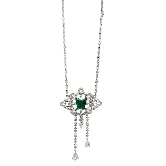 18K White Gold Diamond and Butterfly Shaped Emerald Necklace