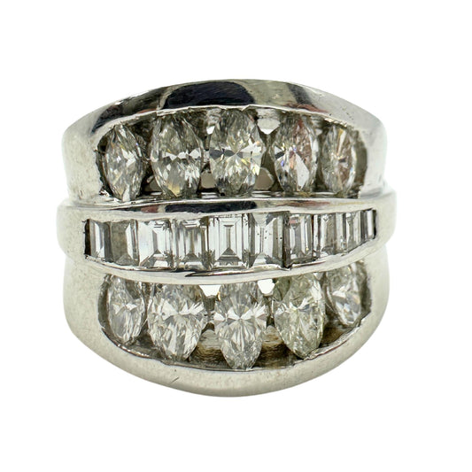 18k White Gold Baguette and Marquise Cut Diamond Wide Band Ring