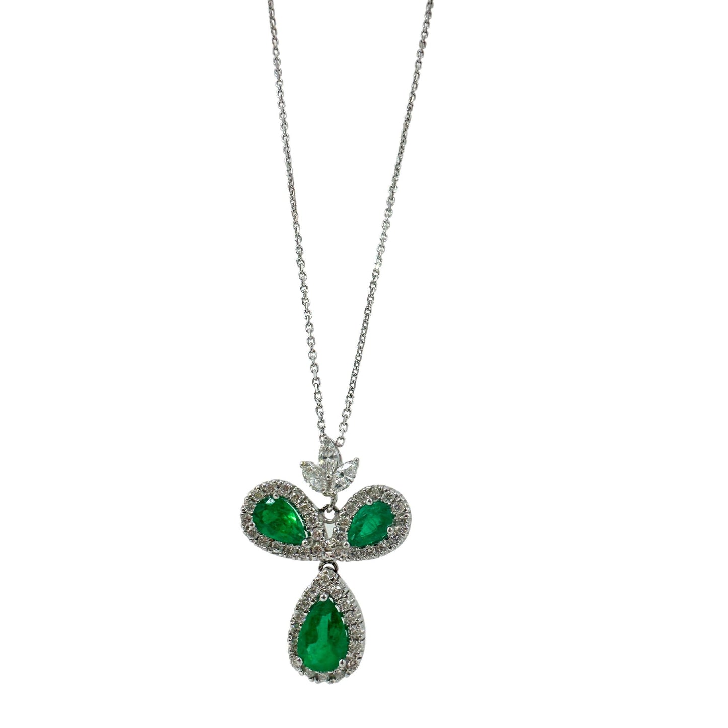 18K White Gold Pear Cut Emerald and Diamond Pendant Necklace