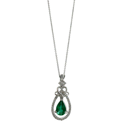 18K White Gold Pear Cut Emerald and Diamond Pendant Necklace