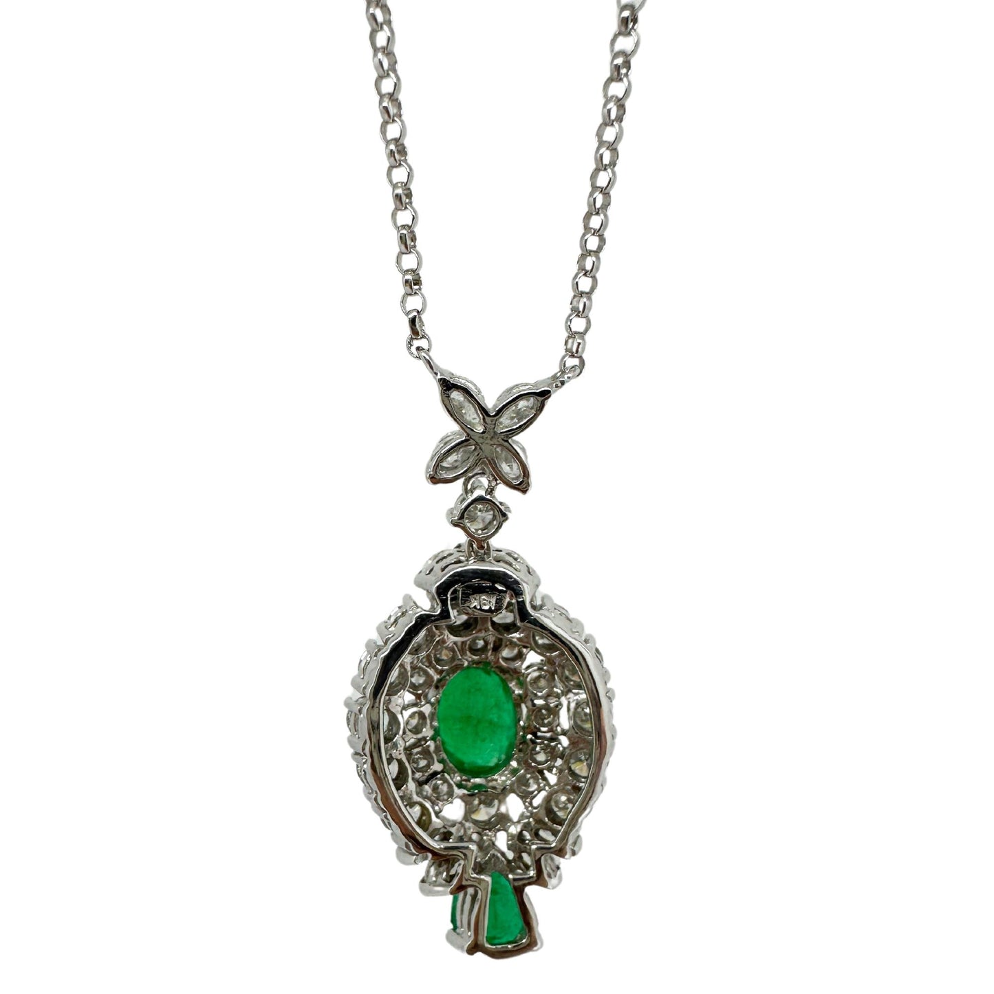 18K White Gold Oval and Pear Cut Emerald and Diamond Necklace