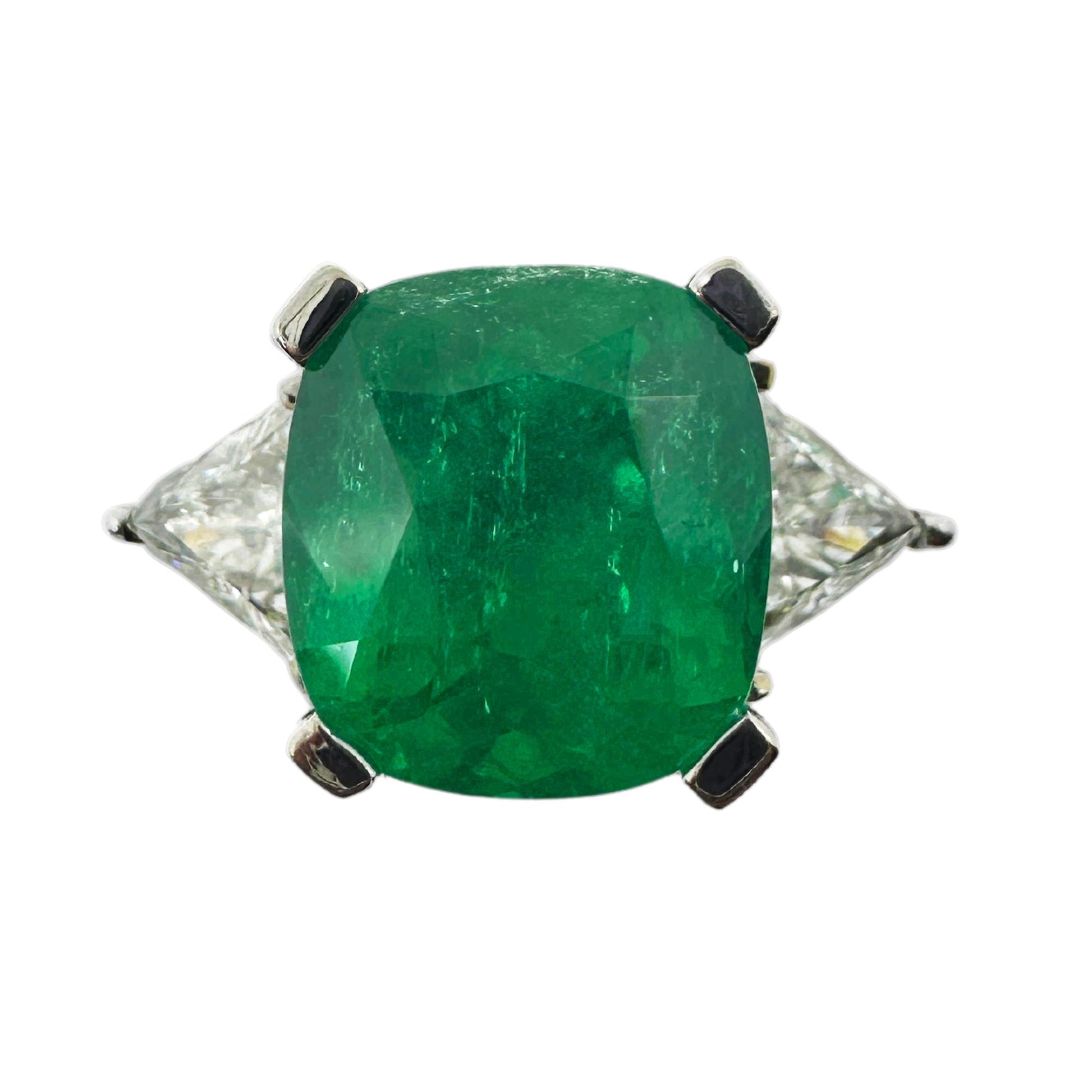 18k White Gold Columbian Cushion Natural Emerald and Trillion Cut Diamond Ring