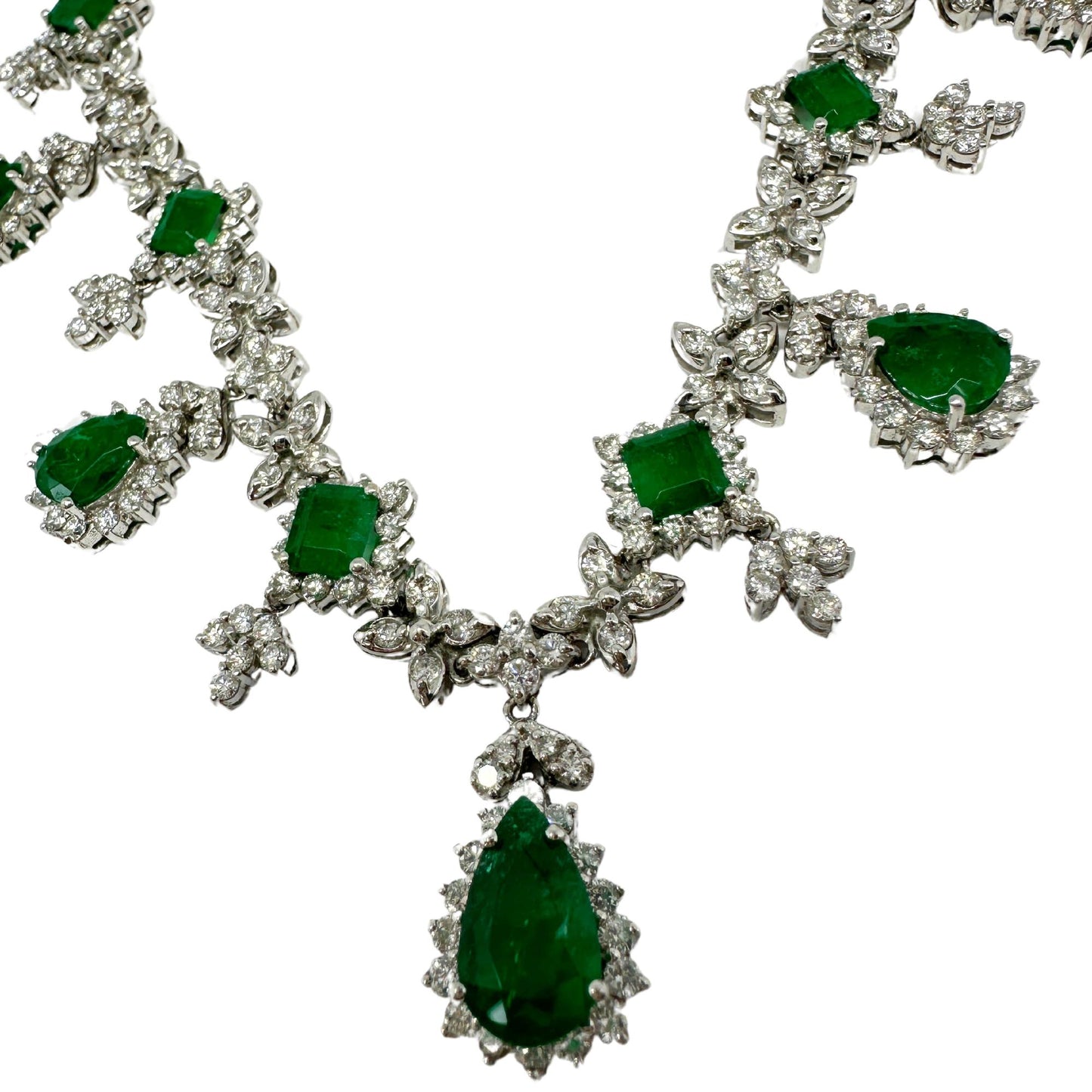 18K White Gold Diamond and Emerald Cut and Pear Cut Emerald Necklace