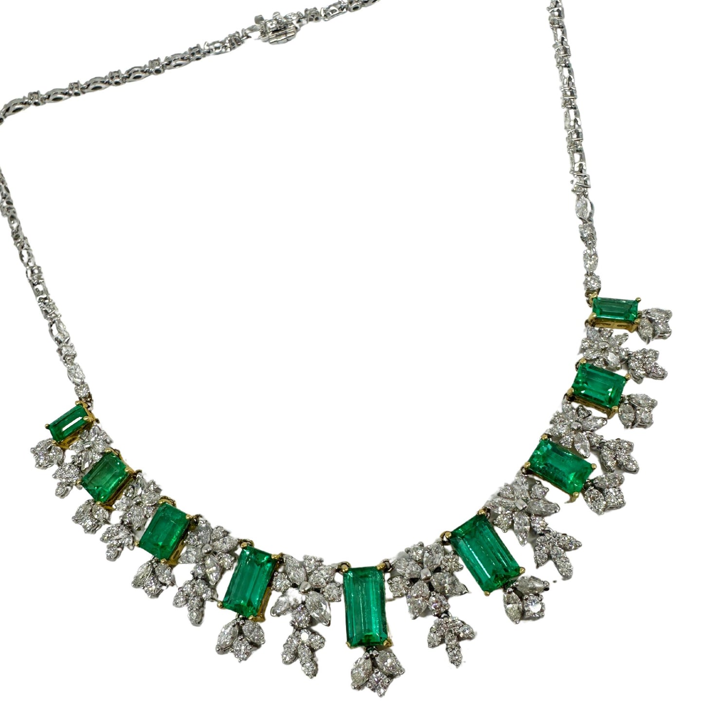 18K Yellow and White Gold Marquise Cut Diamond and Emerald Necklace