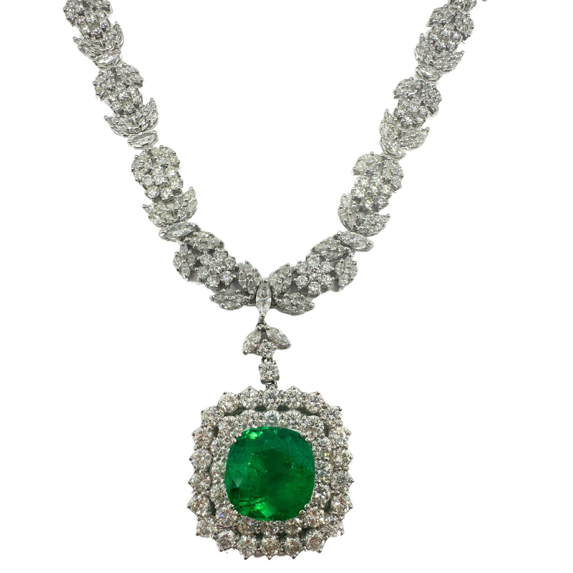 18K White Gold Diamond and Round Emerald Drop Necklace