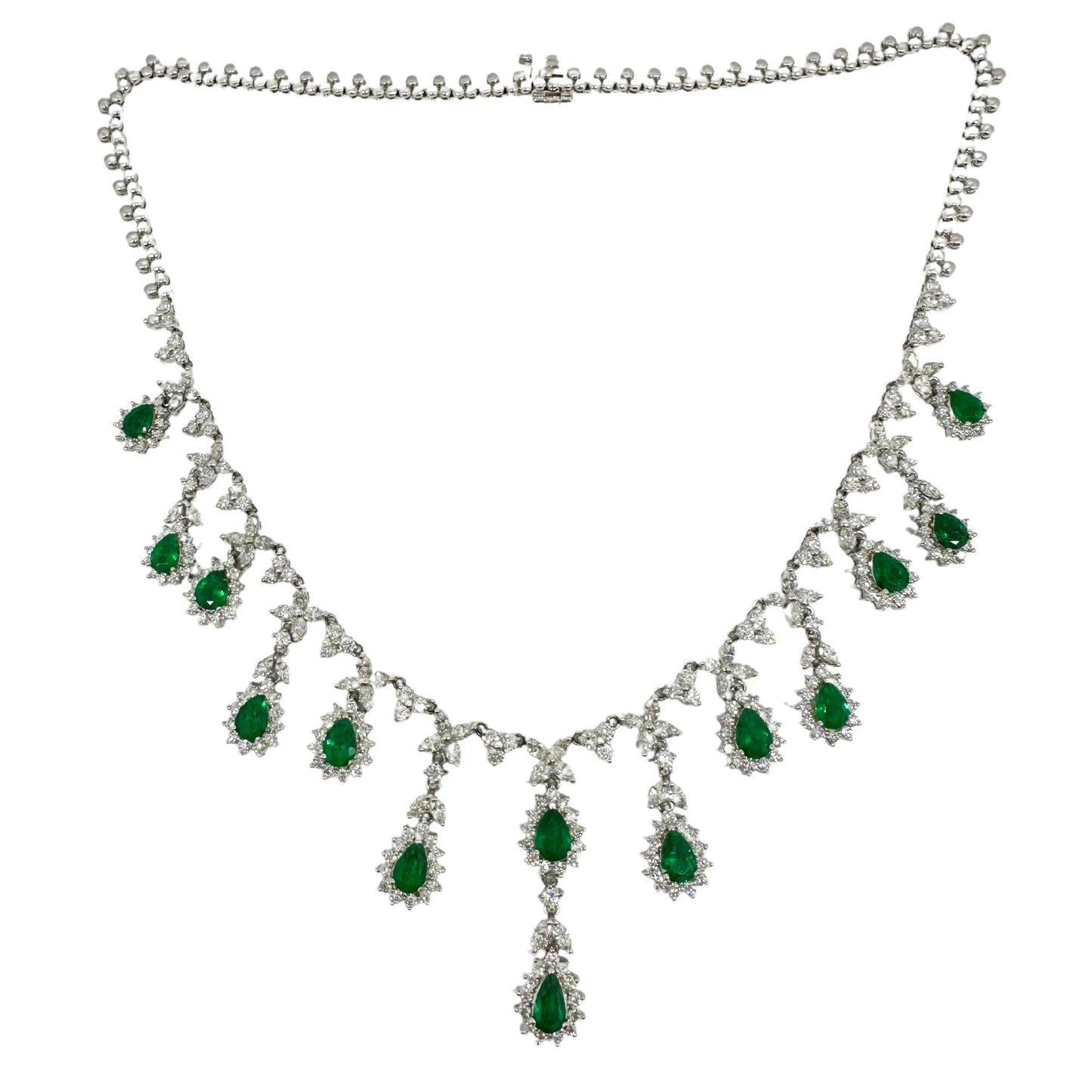 18K White Gold Diamond and Pear Cut Emerald Necklace