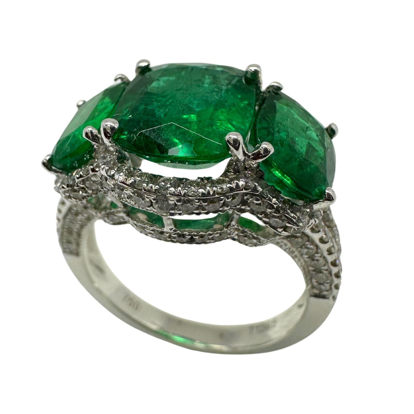 18K White Gold Diamond and Emerald Three Stone Ring