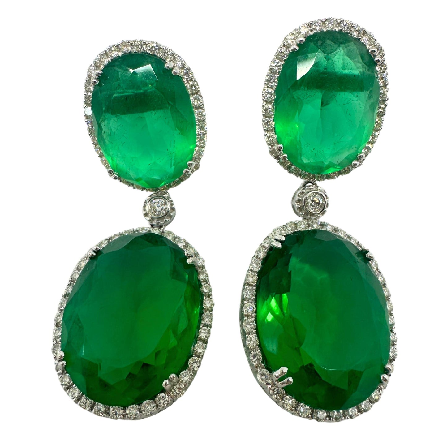 18K White Gold Diamond and Green Quartz Drop Earrings