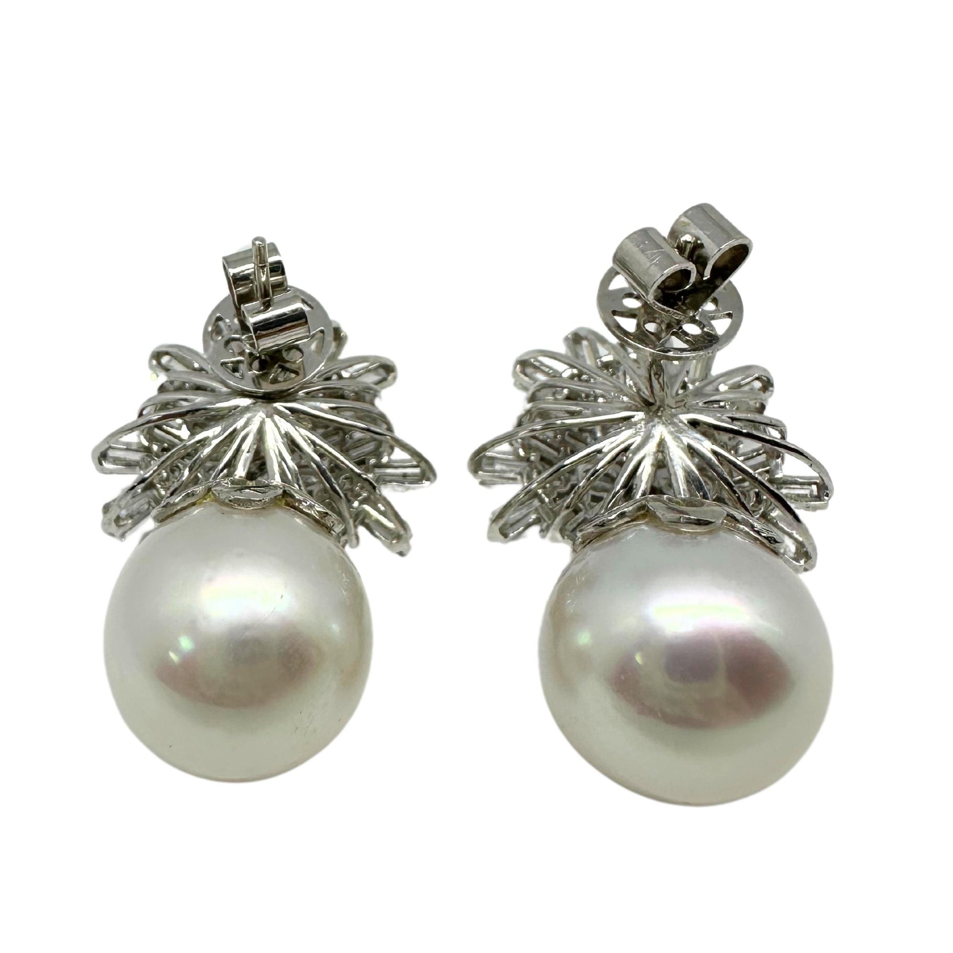 18K White Gold Baguette and Pear Cut Diamond and Pearl Earrings