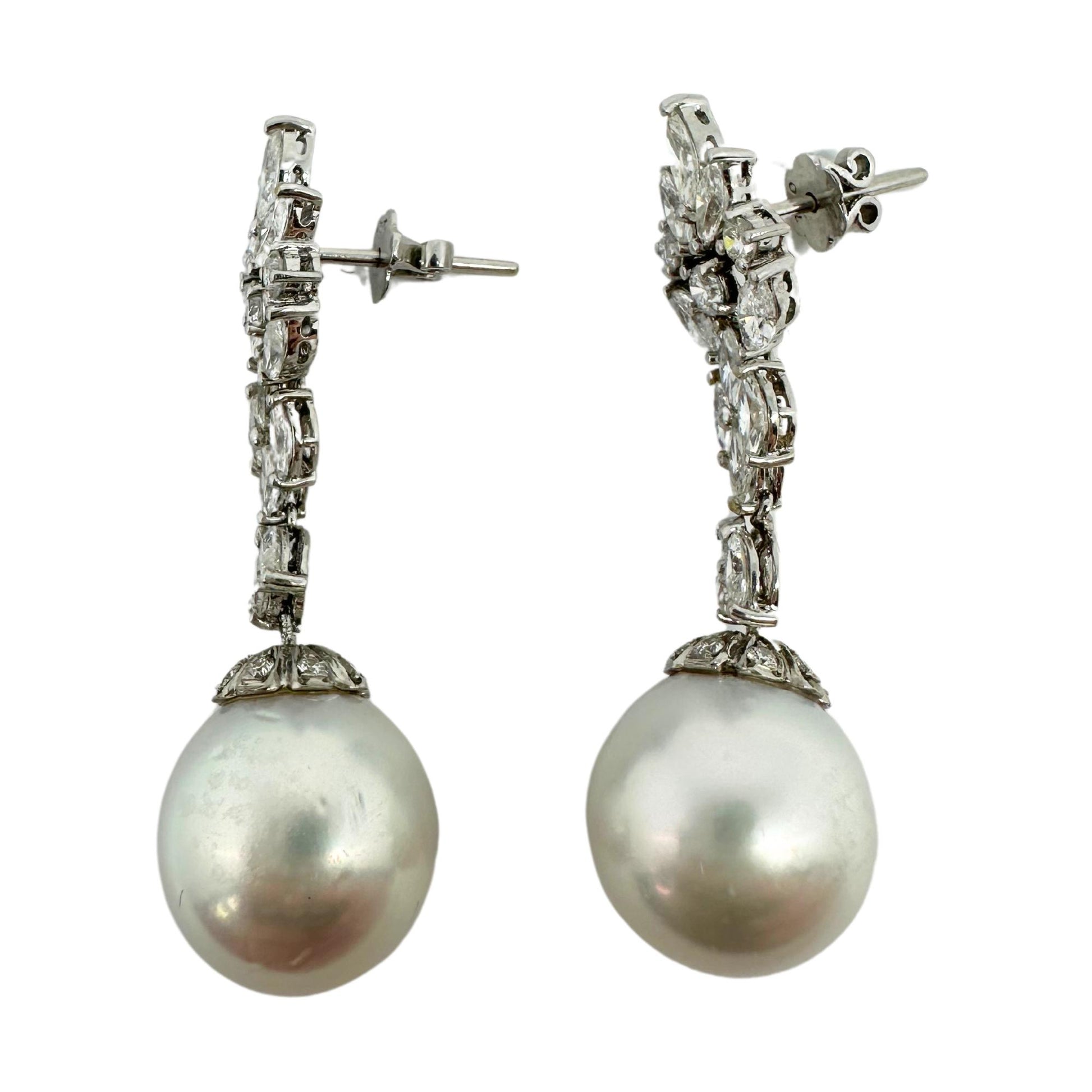 18K White Gold Marquise Cut Diamond and Pearl Drop Earrings