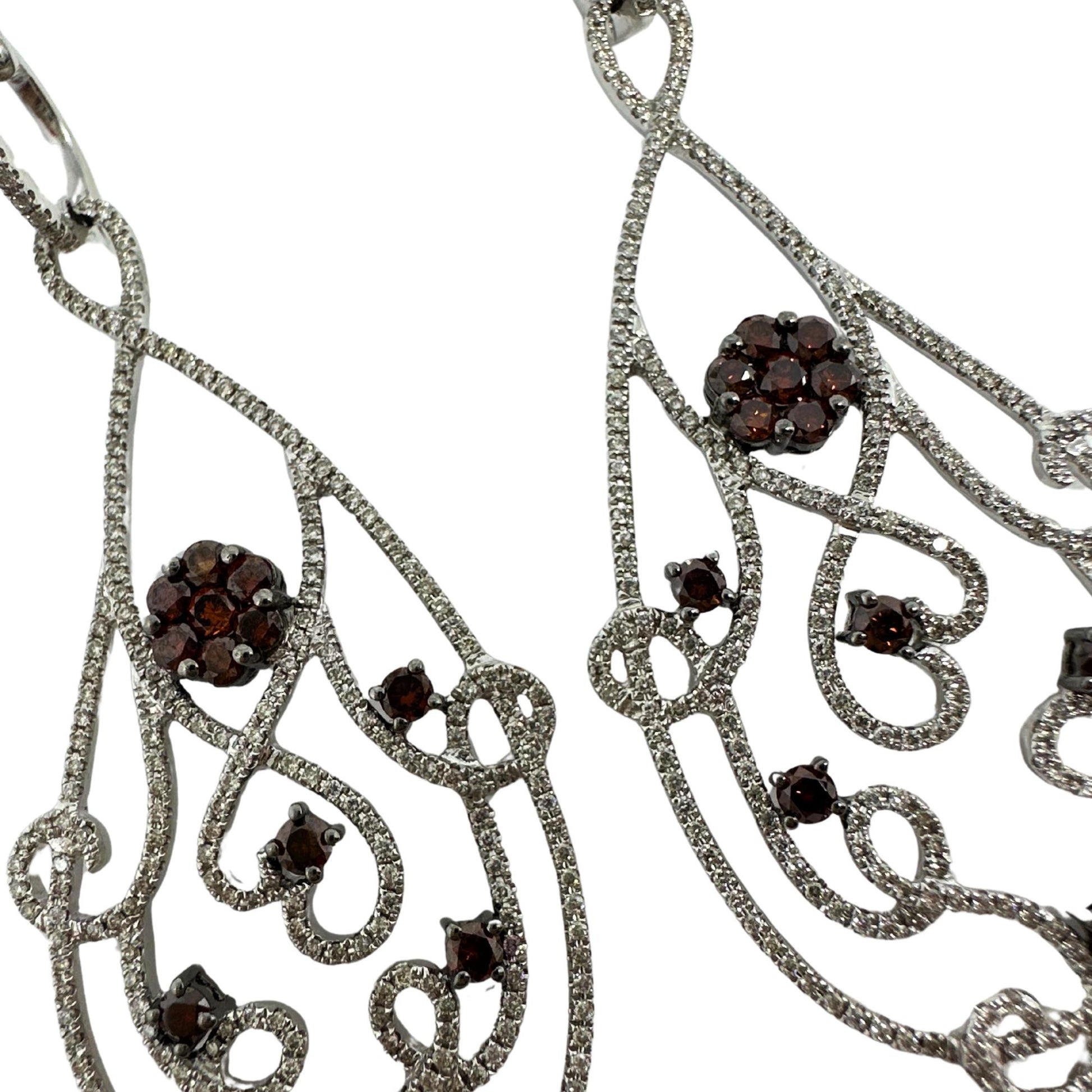 18K White Gold Brown and White Diamond Flower Drop Earrings