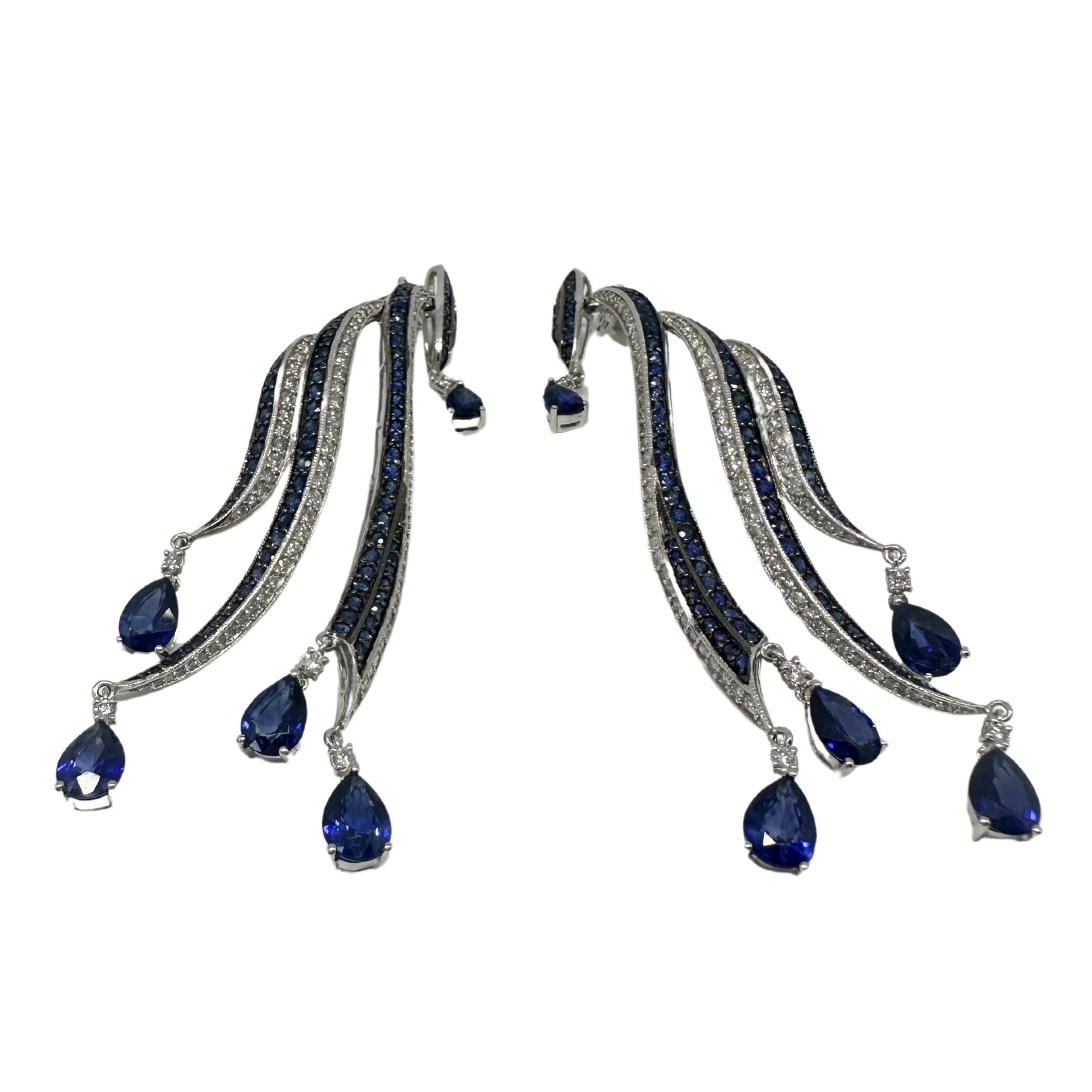 18K White Gold Diamond and Pear Cut Sapphire Flowing Casade Earrings