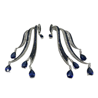 18K White Gold Diamond and Pear Cut Sapphire Flowing Casade Earrings