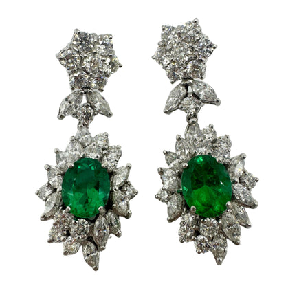 18K White Gold Marquise Cut Diamond and Emerald Drop Earrings