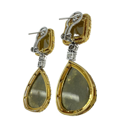 18K Yellow Gold White and Natural Rough Cut Greenish-Yellow Diamond Earrings