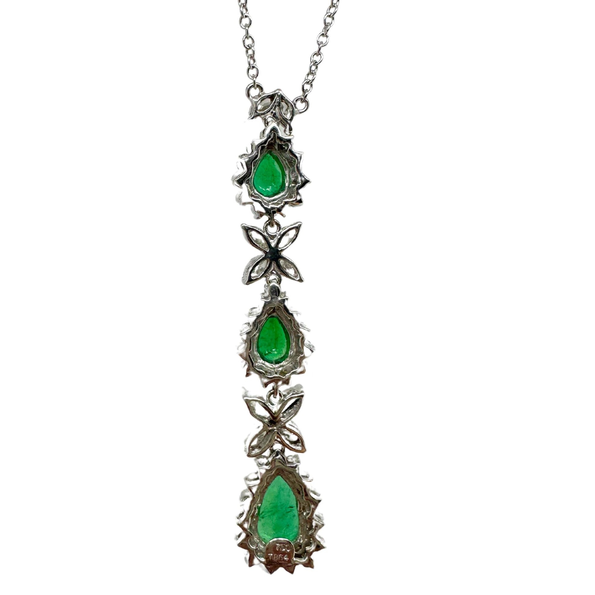 18K White Gold Marquise Cut Diamond and Pear Cut Emerald Necklace
