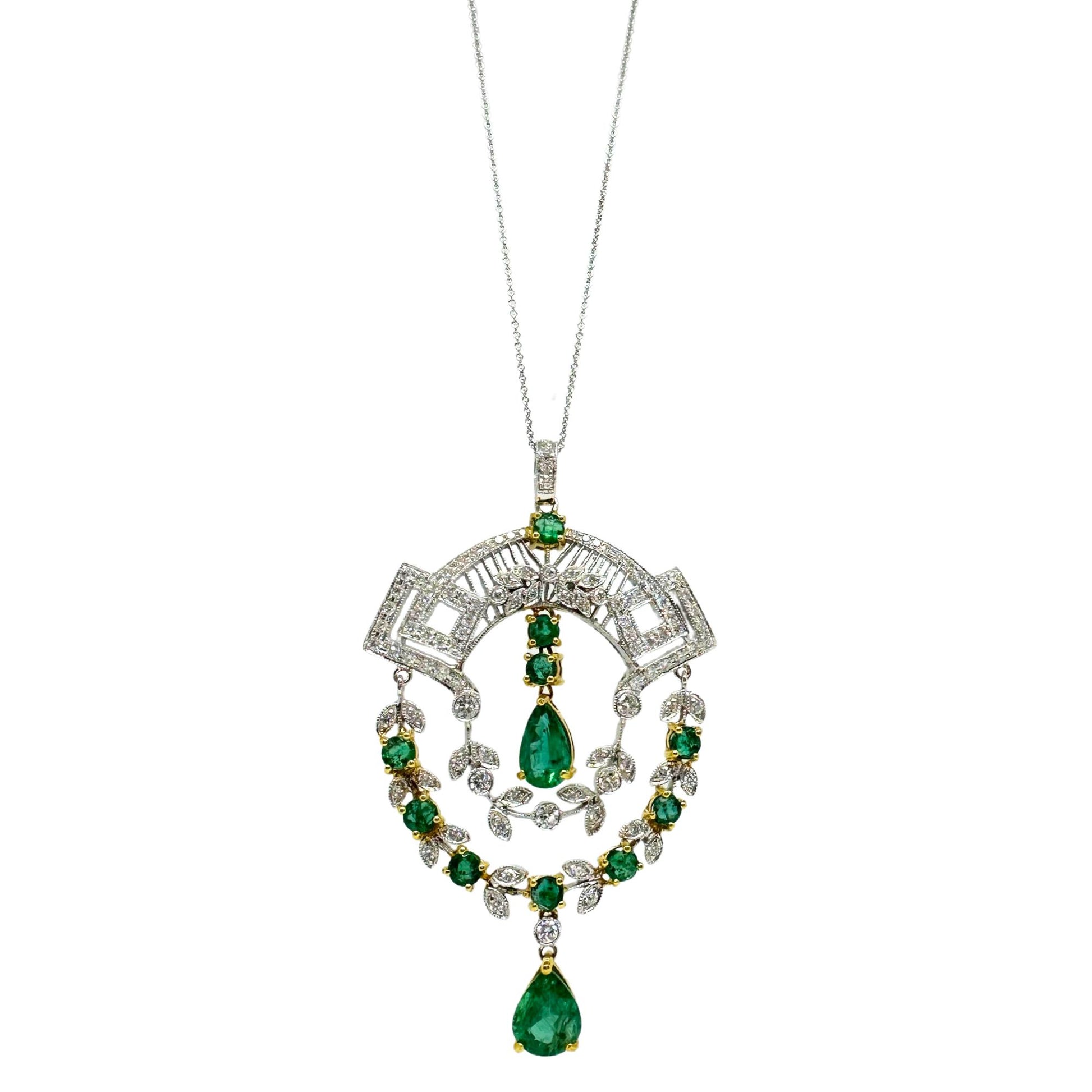 18K Two Tone Diamond and Emerald Pendant Necklace