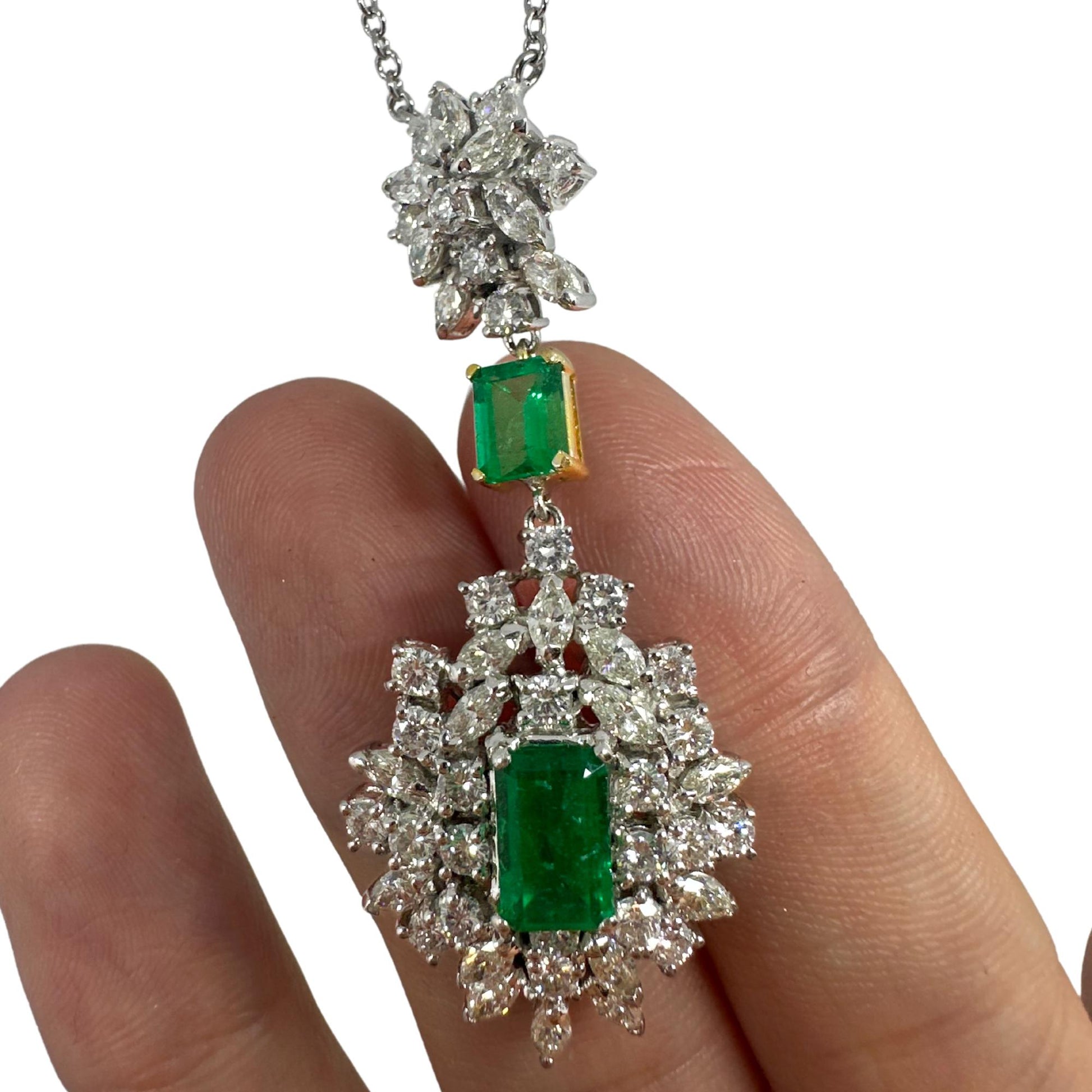 18K Two Tone Diamond and Emerald Pendant Necklace