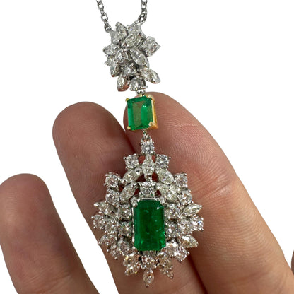 18K Two Tone Diamond and Emerald Pendant Necklace