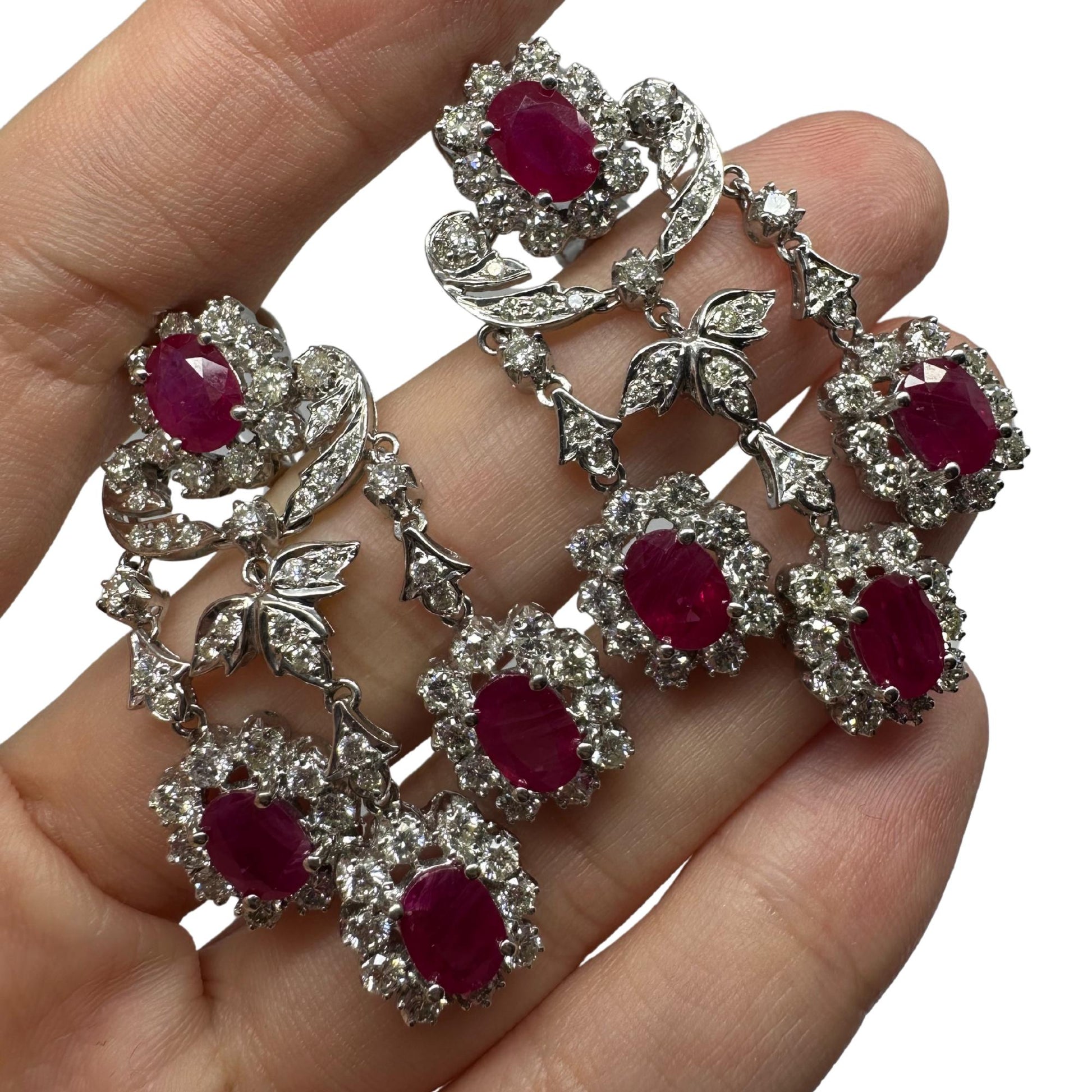 18K White Gold 7.88 Carat Oval Cut Ruby and Diamond Drop Earrings