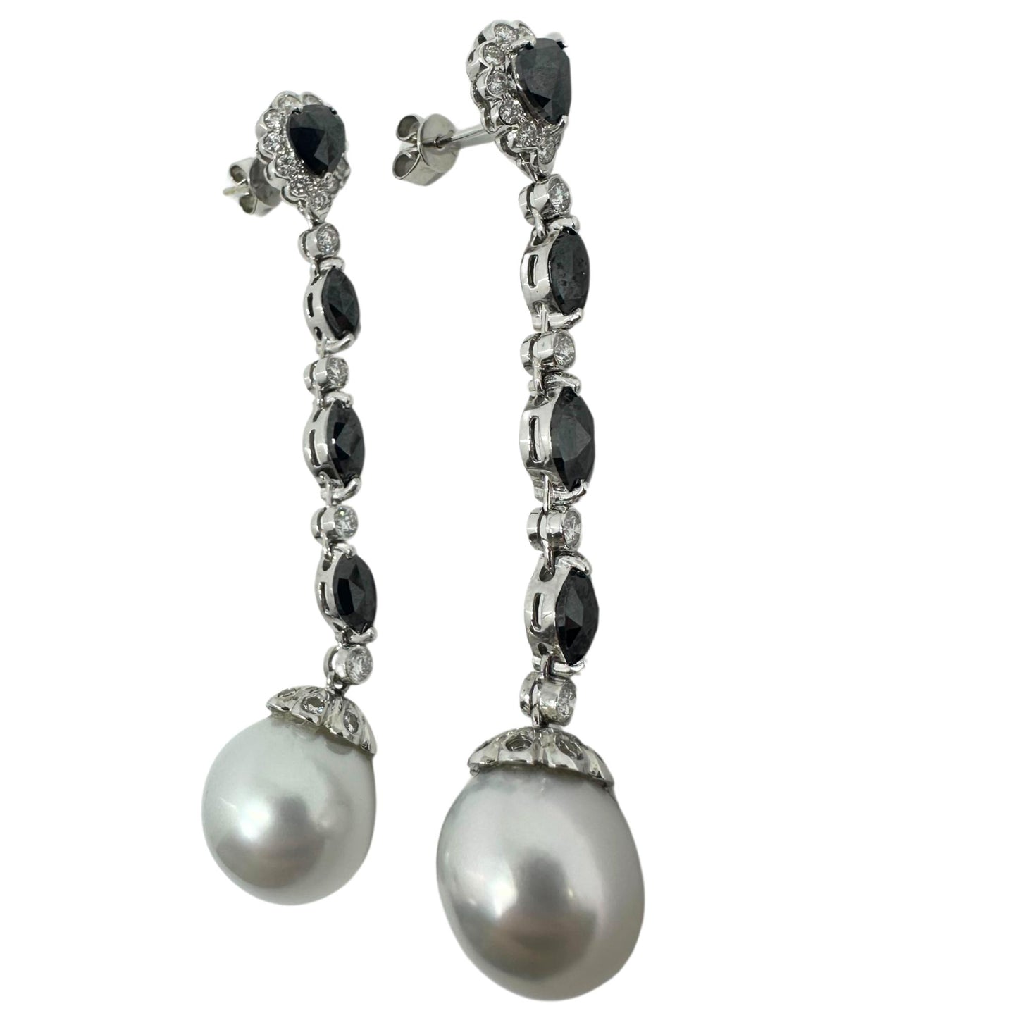 18K White Gold Marquise and Pear Cut Black and White Diamond Drop Earrings