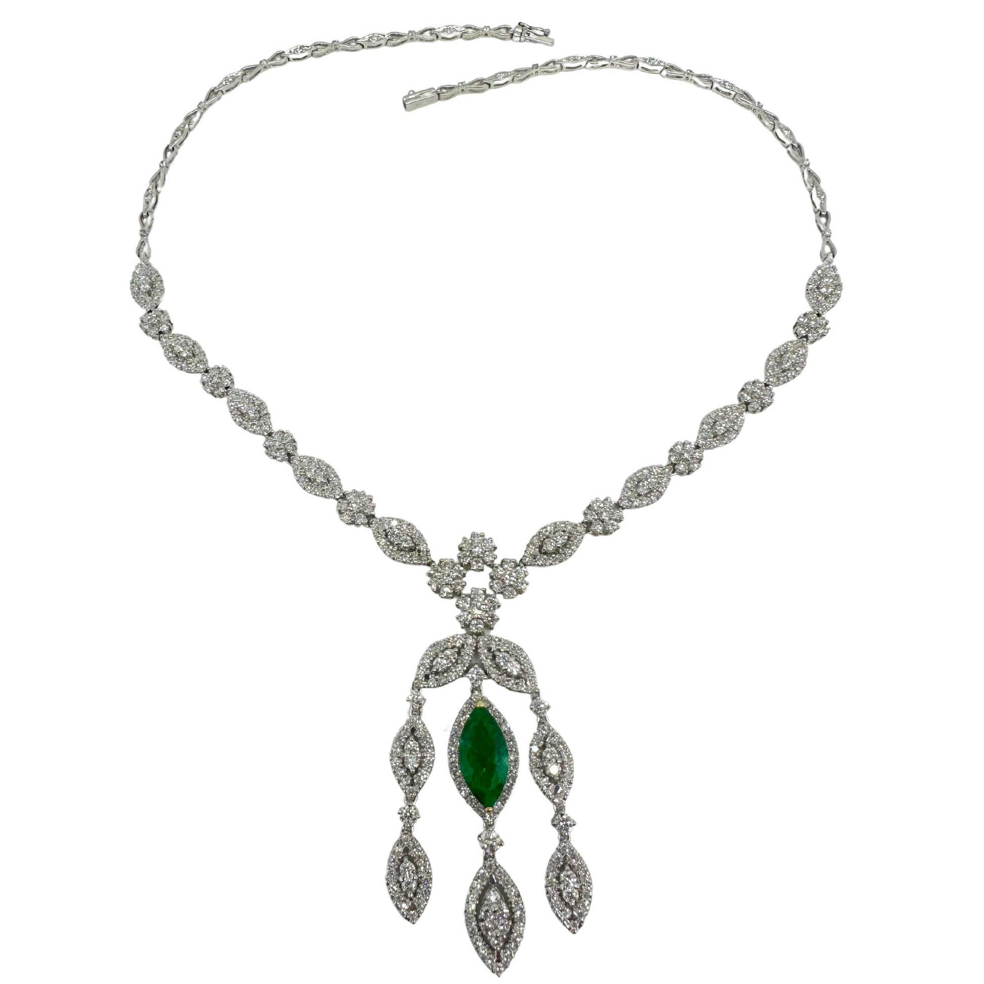 18K White Gold Diamond and Marquise Cut Emerald Drop Necklace